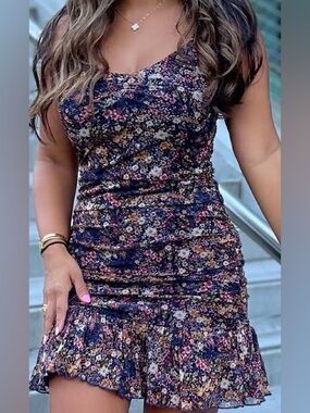 Floral Ruffle Hem Bodycon Dress - Navy Floral